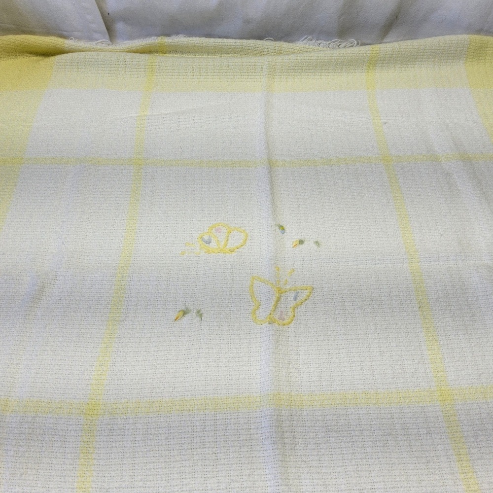 The Three Weavers Butterfly Plaid Baby Blanket Yellow‎ Fringed Embroidered
